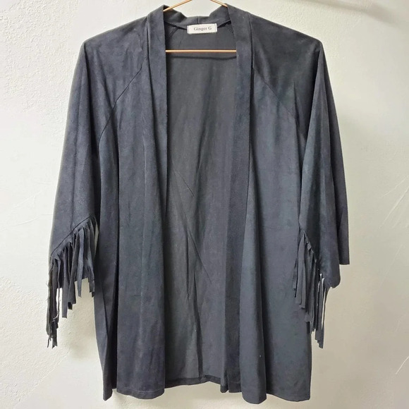 GINGER G | Fringe Boho Open Front Cardigan Black Small - Picture 1 of 6